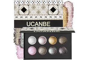 UCANBE 8 Color High-Intensity Baked Shimmer Eyeshadow Palette - Metallic Diamond-Like Shimmer, Highly Pigmented, Smooth & Blendable Formula for Dramatic & Radiant Eye Makeup (03 All Metallic)