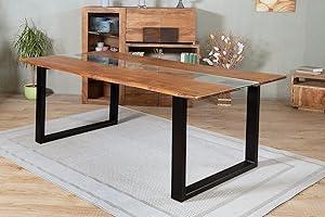 BETT11 SAM B-Ware Esstisch 175 x 90 cm Bonnie, Baumkantentisch mit Glaseinsatz, Akazienholz massiv & nougatfarben, schwarzes U-Gestell aus Eisen, Esszimmertisch mit echter Baumkante, Industrial-Design