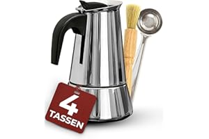 ‎COSUMY Cosumy Espressokocher Induktion geeignet - 4 Tassen - Edelstahl - Mit Dosierlöffel und Bürste Silber