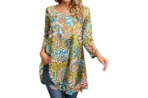 Enmain Damska tunika na co dzień top 3/4 długi rękaw długa bluzka damska swing tunika top luźna bluzka koszulka okrągły dekolt rozciągliwa wygodna wakacje