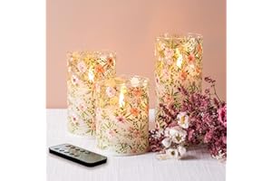 Eywamage Floral Glass Flameless Candles with Remote, Flickering Realistic Battery LED Candles Set of 3