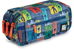 PRACTICOFFICE Estuche Portatodo Triple Design de Amplios Apartados Interiores con Cremallera Individual para Material Escolar y Viaje (Skate)