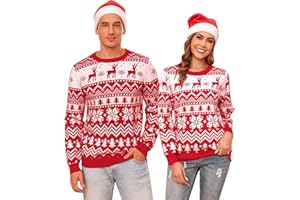 Aottori Jersey Navidad Mujer Hombre Suéter Navideño Punto Cuello Redondo Pareja Familia Unisex Pullover Manga Larga Invierno Reno Copo Nieve Cálido