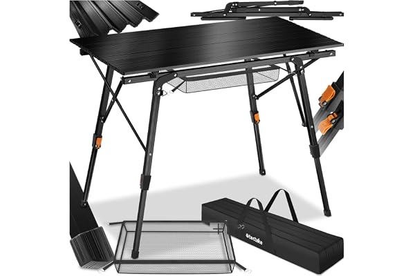 tectake® Table Pliante de Pique Nique et Camping en Aluminium - Réglable en Hauteur pour Balcon et Brocante - avec Sac de Transport et Filet de Rangement