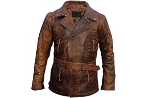 Aksah Fashion Męska kurtka w stylu vintage z zamkiem krzyżowym z paskiem 3/4, motocykl, brązowa, postarzana długa skórzana kurtka