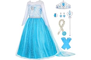 Gridamea Vestito Elsa Frozen Bambina-Costume Anna Ghiaccio Abito da Principessa con Corona/Bacchetta/Guanti/Treccia/Orecchini/Anello per Bambini Compleanno, Halloween, Feste, Cosplay