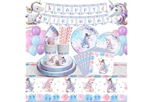 LAISLLA Einhorn Deko Kindergeburtstag, Einhorn Partygeschirr Set, Pappteller Kindergeburtstag mit Einhorn Luftballons Pappteller Tassen Servietten Tischdecke für Einhorn Party Deko16 Gäste