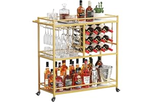 Lifewit Drink Trolley, 3 Tier Bar Cart with Lockable Wheels, 12 Wine Rack and 3 Rows Glass Holders, Kitchen Serving Cocktail Alcohol Trolley for Dining Livingroom, 80.2 x 33.2 x 86 cm, Gold