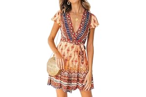 ABYOVRT Mujer Vestido Bohemio Corto Florales Nacional Verano Vestido Casual Magas Cortas Chic de Noche Playa Vacaciones