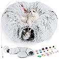 Odoland Large Cat Tunnel Toy with Plush Cat Bed, Foldable Pet Tunnel Bed for Indoor, Multifunctional Cat Donut Tunnel with Ball & Peek Holes, Pet Toys, Crinkle Play Tube - Grey