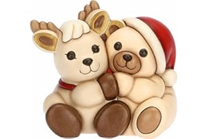 THUN, Coppia Teddy e Renna Robin Abbracciati in Ceramica Decorata a Mano, Addobbo Natalizio, Idea Regalo, 15x11.3x14 cm h