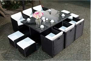 CONCEPT USINE | Salon de Jardin Encastrable Résine Tressée 10 Personnes | Miami Noir Coussins Blanc | Table Plateau de Verre Amovible + 6 Fauteuils + 4 poufs | Coussins Déhoussables | Résiste à l'eau