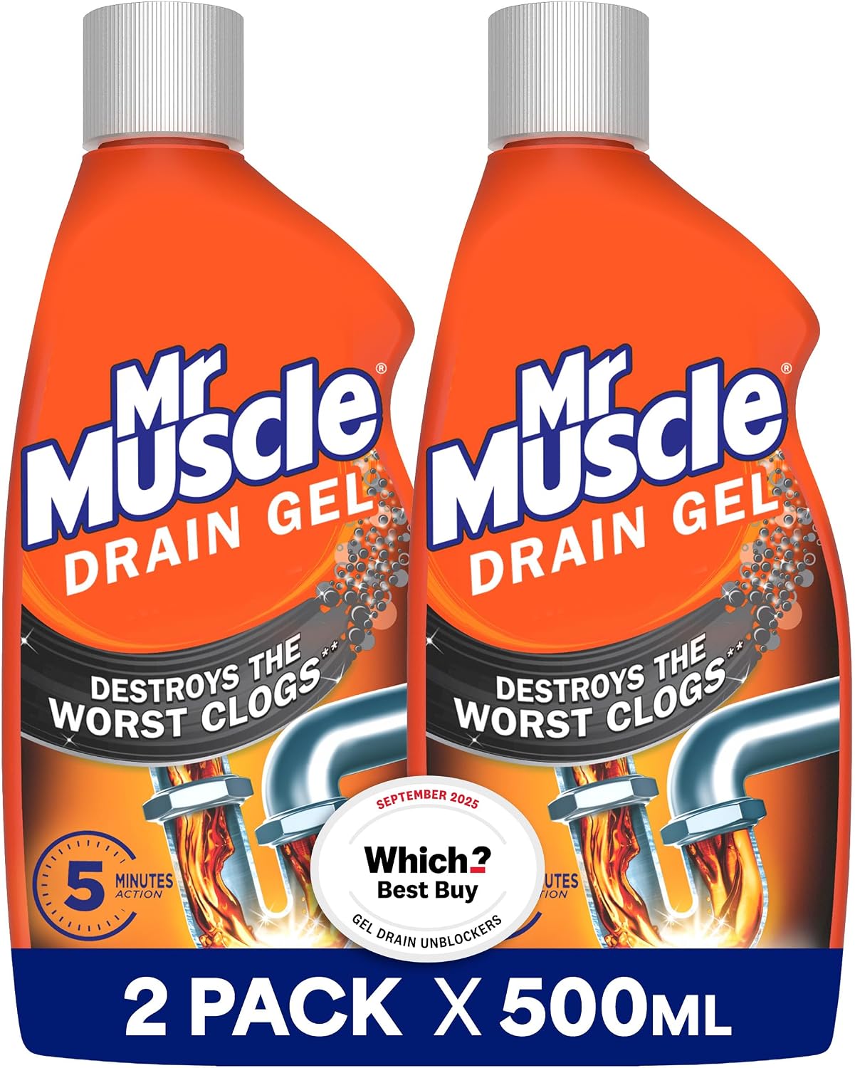 Mr Muscle Drain Unblocker Liquid (2 x 500ml), Sink & Drain Cleaner, Strong & Fast Acting Heavy Duty Drain Gel, Dissolves Clogs, Safe for All Pipes