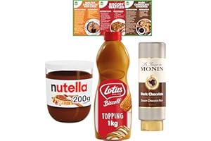 Go2 Groceries Bundle Flavoured Dessert Sauces Biscoff Biscuit Topping (1 kg), La Sauce De Monin Dark Chocolate (500 ml), Nutella Spread (200 g) with Recipe Cards