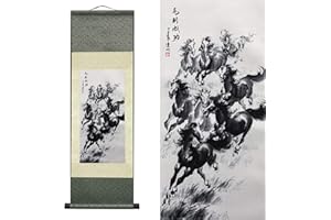 VALART Seta Scroll Pittura Asiatica Decorazione Della Parete Animale - Otto Cavallo al Successo - Vinci Successo Immediato Bella Arte Cinese Pergamena Da Appendere Pittura Scorrimento Decorazione(94 x30 cm)