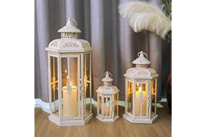 JHY DESIGN Set di 3 lanterne decorative per candele, 50 cm, 35,6 cm e 25,4 cm, per esterni, in metallo, vintage, per interni ed esterni, eventi, parità e matrimoni (bianco con pennello oro)