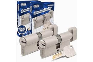 GERCAR Pro Knaufzylinder 40/40 Massiver Schließzylinder gleichschließend mit Knauf - 2er Set Zylinderschloss aus Messing Matt Vernickelt - inkl. 10x Wendeschlüssel - Länge: 80 mm, A:40 B:40-2x