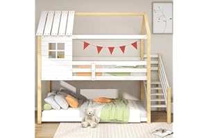 ‎FEZTOY FEZTOY Kinderbett Baumhaus mit Ecktreppe und Fallschutz, Etagenbett mit Treppe 2 Kinder 90 x 200cm, Hausbett, Hochbett für Kinder, 1X Lattenrost, Rahmen aus Kiefer (weiß+Natur)