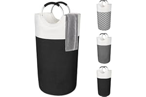 Qidordour 90L Large Laundry Basket, Waterproof Collapsible Laundry Hamper, Black Freestanding Tall Clothes Basket with Handle, Foldable Laundry Bag, Washing Baskets for Laundry Room, Bedroom, Bathroom