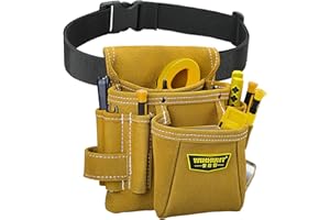 WINHUNT Leather Tool Pouch Bag with Adjustable Belt, 10 Pockets Tools Storage Pouches with Hammer Holder for Carpenter, 24 x 22 x 8 cm, Tan