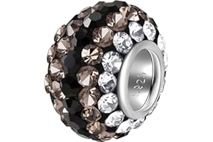 Andante-Stones Ciondolo in argento sterling 925 con strass e strass, motivo tricolore nero, grigio bianco, elemento sfera per perline europee + sacchetto in organza, Argento sterling, vetro