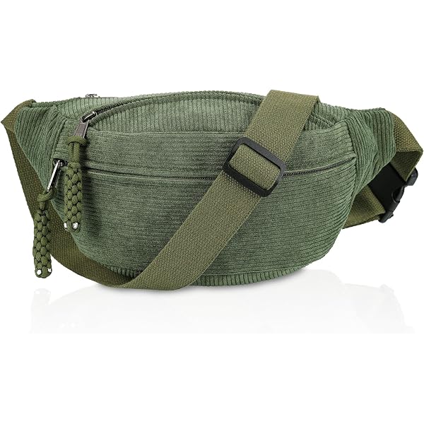 Sac Banane Velours Côtelé Femme - Bandoulière Réglable Tendance Vert 34x15x11 Cm