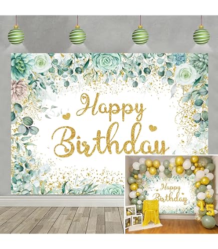 Salbeigrüner Happy Birthday Hintergrund Mit Eukalyptusblättern – Dschungel-Look Für Fotos & Feiern – 243,8 X 183 Cm Vinyl-Banner