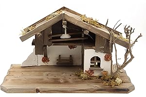 ELLUG Holz Krippenstall, Weihnachtskrippe mit Licht 38 * 18 * 21cm (OHNE Krippenfiguren) aus Holz, für Figuren bis 10cm Höhe