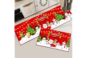 Hoimlm Christmas Kitchen Rugs Set of 2, Non-Slip Kitchen Mats Doormat, Absorb Water and Oil, Santa Claus snowman Kitchen Runner set, Christmas for Gifts (40 x 120 cm + 40 x 60 cm, Christmas Red A)