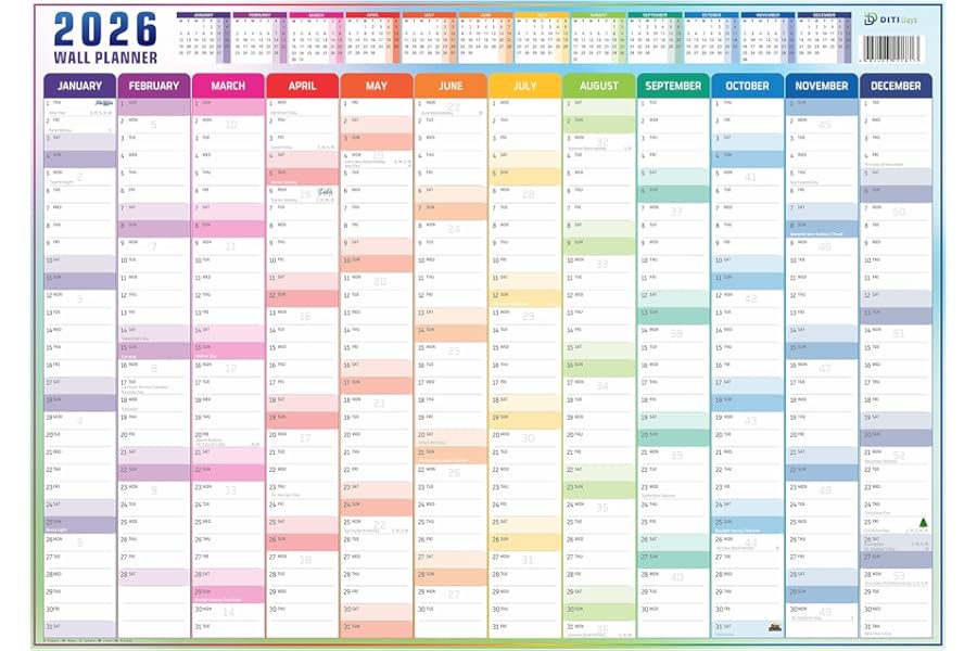 Wall Planner 2026 | A2 (59 x 42cm) Full Year Jan-Dec 2026 | UK & Ireland Holidays | Rainbow Design | 170 GSM Premium Silky Paper | Home Office University School Planner | British Made| Folded