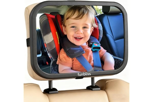 Funbliss Espejo Coche Bebe,Espejo Coche Bebe Asiento Trasero,Con Vclara y Amplia, Instalación Rápida,360° Rotación,Vidrio Acrílico Irrompible