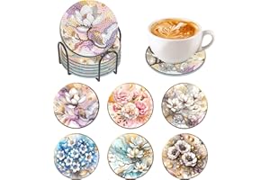 HEIBAGO Fleur DIY Diamond Painting Dessous de Verre, 6 Pièces Round Fleur de Lotus sous Verres Art de Diamant avec Support, Kits de Diamant Cristal Point de Croix Painting pour Murale Décoration