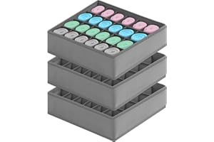 VORHOT Lot de 3 Boîtes de Rangement Pliables pour Chaussettes, Organiseurs de Tiroir Non Tissé, 24 Grilles Séparateurs de Rangement pour Chaussettes, Cravates, Ceinture, Gris (32 * 32 * 10 cm)