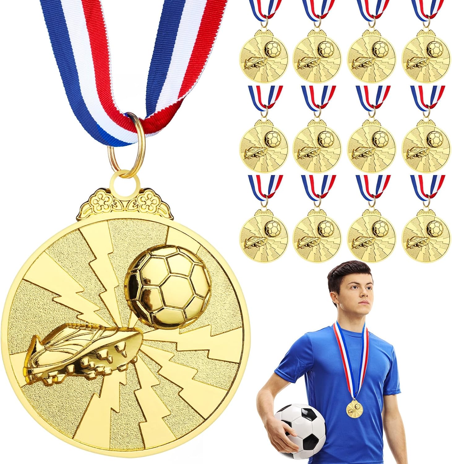 Hianjoo Medallas de Metal, 12 Pcs Medallas de Fútbol para Niños y Adultos Ganador de Oro de Aleación de Zinc con Cinta para el Cuello, para Competiciones Deportivas y Recuerdos de Fiesta de Fútbol