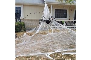 MAXEE Halloween 5 m zestaw mega pajęczyny, dekoracja trójkątna, rozciągliwa, z 40 g waty pajęczej i 10 mini przerażających pająków, dekoracja na Halloween, do ogrodu, na podwórko, do domu, na imprezy