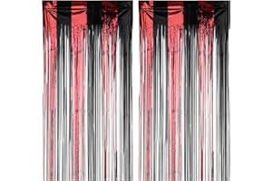 JOSOJOOU 2 Stück Lametta Vorhang Rot Schwarz Glitzer Lametta Vorhänge 2 M X 9,7 M Metallische Lamettas Folien Fransenvorhänge Für Party & Casino Deko Glitzernde Für Halloween Themenparty Dekoration