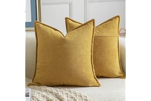 Madizz 2 Pezzi Copri Cuscini in Chenille con Bordo Decorativo Neutri Morbido Copricuscini Fodere per Cuscino Lusso Stile Arredi per Divano e Letto Giallo senape 50x50 cm