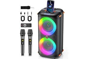 HWWR Karaoke Maschine, Tragbarer Bluetooth-Lautsprecher mit 2 drahtlosen Mikrofonen für Erwachsene, Karaoke Box PA-System mit Disco-Lichtern für große Party, Outdoor, unterstützt TF/USB, FM, Rec, AUX
