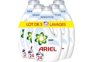 Ariel Lessive Liquide, 120 Lavages (5x24), Sensible, 0% Colorants, Testé Dermatologiquement, Élimine Les Taches Incrustées, Impeccable Même En Cycle Court Et À Froid, Fabriqué en France