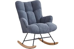 XH.Easy Go Rocking Chair Nursery Teddy Upholstered Glider Rocking Accent Chairs Padded Seat with Rubber Wood Legs Armchair Comfy Side Chair for Living Room Bedroom Offices (SteelBlue)