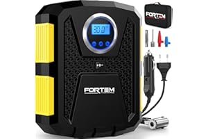 FORTEM Kompresor Samochodowy, Przenośna Pompka Elektryczna, Kompresor Rowerowy, Cyfrowy Manometr z Automatycznym Pompowaniem/Wyłączaniem