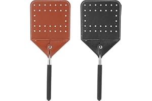 XIHIRCD 2pcs Tapettes Mouches Télescopiques Cuir, Tapettes Mouches Télescopiques Robustes Longue Poignée Tapettes Mouches Extensibles Moustiques Mouches l'Intérieur l'Extérieur(Noir, Marron)