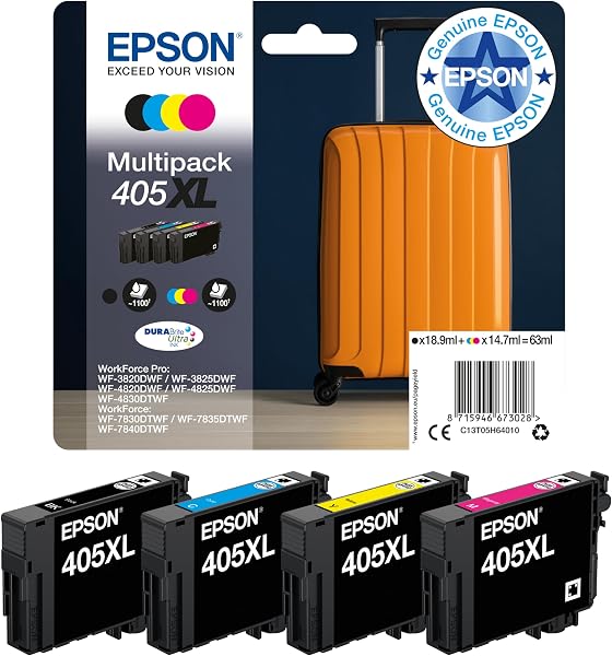 Epson 405XL Suitcase High Yield Genuine Multipack, 4-colours Ink Cartridges, DURABrite Ultra Ink - 1