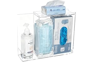 SEANADO Face Mask Dispenser 3 Compartment Acrylic Glove Box Holder Hygiene Station for Disposable Face Masks, Emesis Bag, Shoe Cover and Hairnet, Wall Mount Holes or Tabletop Holder （Clear）