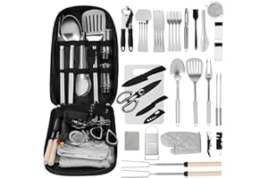 QCXWCJWD Portable Camping Cooking Utensils Set, 36 Pcs Stainless Steel Camping Kitchen Utensil Organizer, Cutting Board, Bottle Opener and Storage Bag Camping Accessories for Hiking Travel Picnic Gifts