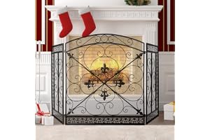 WICHEMI Fireplace Screen 3 Panel 52x31 Inch Folding Fireplace Cover Black | Wrought Iron Fireplace Screens, Vintage Fireplace Screen Decorative, Metal Mesh Fire Place Gate Fence, Spark Guard Cover Gate