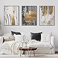 Gold White Abstract Canvas Framed Wall Art (Black frame)