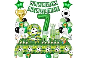 TERLUNNSI Fussball Geburtstag Deko 7 Jahre, Fussball Partygeschirr Set, Geburtstagsdeko 7 Jahre Junge, Fußball Luftballons Pappteller Tassen Servietten Tischdecke für Party Kindergeburtstag Deko 16 Gäste
