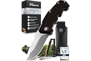 BERGKVIST® K10 Coltello pieghevole (coltellino a due mani) - coltello da tasca per la sopravvivenza, la caccia e il campeggio - con acciaio da fuoco e custodia da cintura - Manico in ebano