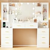 ANWBROAD 150 cm Large Makeup Vanity with LED Lighting 3 Colours | Makeup Table with Sockets and Mirror Vanity White Modern wi